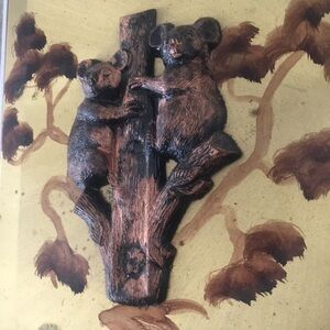 Unique Handmade Australian Plaque - Kangaroo, & Koalas - Solid Wood and Brass